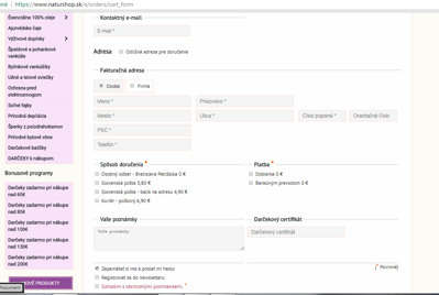 Pozorne vyplňte všetky polia. Najmä Spôsob doručenia a platby. Zaškrtnite, že súhlasite s Obchodnými podmienkami.